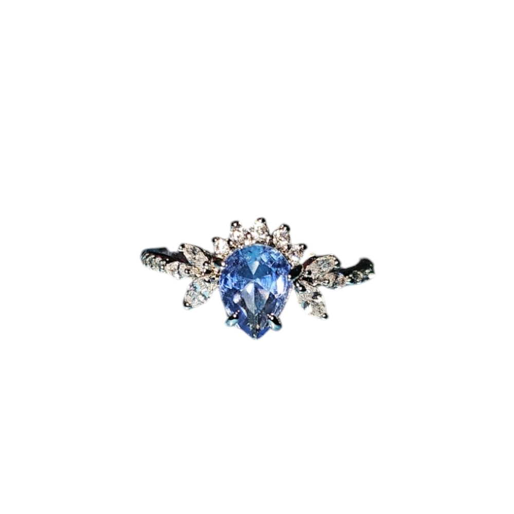 Ring Bomb Party Sz 8 Sapphire Blue Teardrop Center W Rhodium P Band - Picture 1 of 3